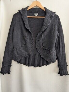 Cindy Buck Design Cashmere Black Ruffle-Edge Cropped Cardigan Sweater Open Front